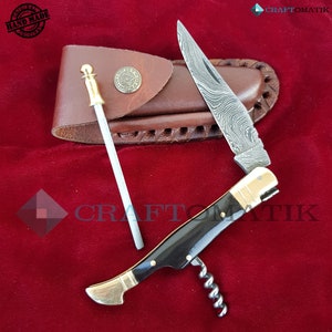 Laguiole Pocket Knife + Sharpener + Corkscrew + Leather Knife Case - Damask Steel - Buffalo Horn - Medieval Style | FK23 image 1