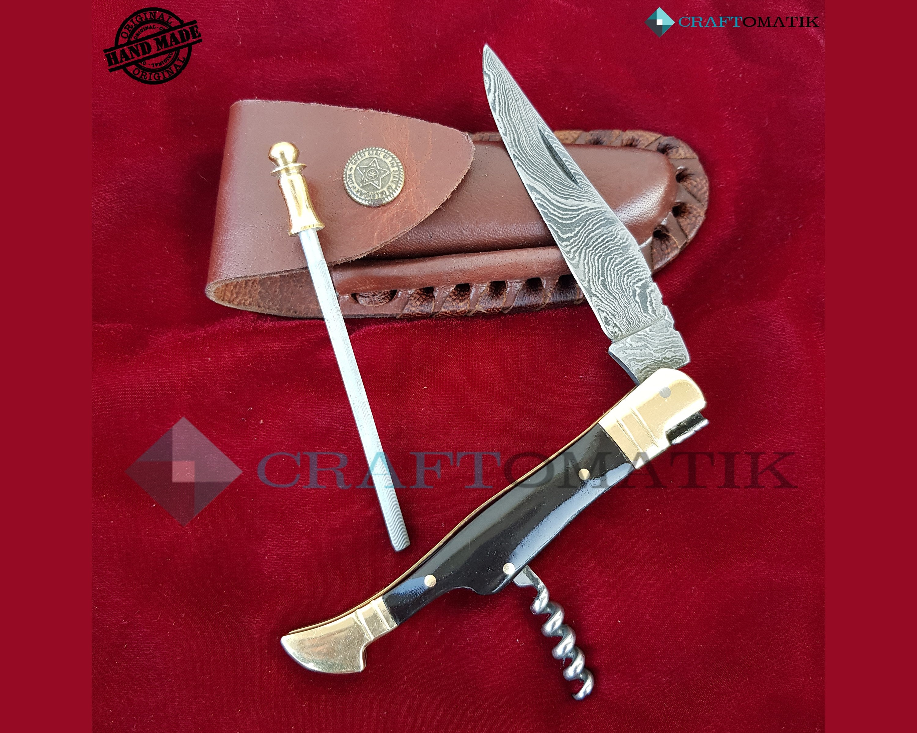 Laguiole Pocket Knife + Sharpener + Corkscrew + Leather Knife Case