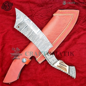 Damascus Steel Cleaver | Kitchen Chef Cleaver | Handmade Butcher Meat Cleaver | Deer Horn Grip | KC05