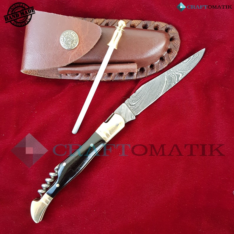 Laguiole Pocket Knife + Sharpener + Corkscrew + Leather Knife Case - Damask Steel - Buffalo Horn - Medieval Style | FK23 image 2