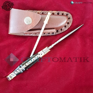 Laguiole Pocket Knife + Sharpener + Corkscrew + Leather Knife Case - Damask Steel - Buffalo Horn - Medieval Style | FK23 image 3