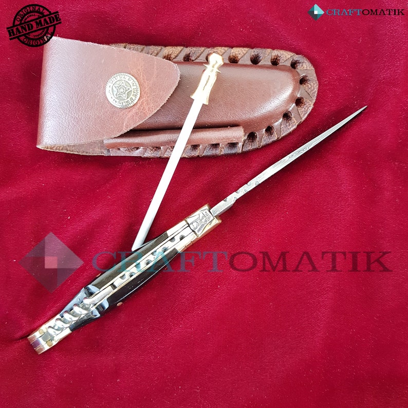 Laguiole Pocket Knife + Sharpener + Corkscrew + Leather Knife Case - Damask Steel - Buffalo Horn - Medieval Style | FK23 image 3