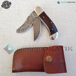 Elite Double Blade Pocket Knife + Leather Knife Case - Damascus Steel - Hunting