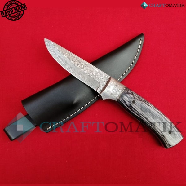 Damast-Stahl Jagdmesser mit Tasche | Damaszener Klinge | Damascus Knife | DHK89