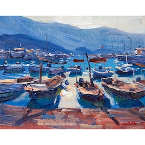 Boat Original Painting Seascape, Ocean Wall Art, Coastal Artwork