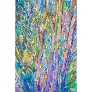Abstract tree painting, Colorful textured canvas, Semi-abstract landscape, Bold impasto wall art