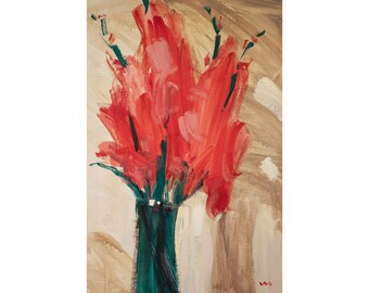 赤いグラジオラスの絵画：花の静物画 油彩キャンバス（11.8x15.7インチ