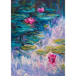 Lily pond oil painting, Impressionist floral wall art, Large original oil