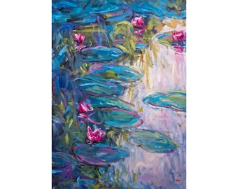 Water lilies oil painting, Original impressionist artwork, Modern floral wall art