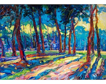Pintura al óleo de un parque al atardecer, paisaje impresionista, arte mural de árboles coloridos.