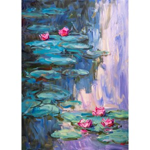 Water lily pond painting, Original floral oil, Impressionist landscape art