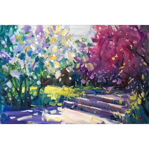 Lilac alley original oil painting, Impressionist art, Modern wall art