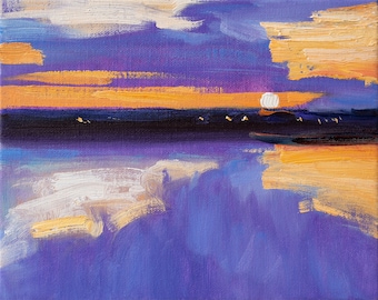 Original Oil Sunset Lake Painting: Impressionist Seascape Art