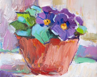 African Violets Oil Painting on Canvas - Floral Wall Art