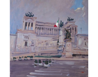 Dipinto a olio originale di paesaggio urbano di Roma, arte murale italiana, Vittoriano, tela impressionista urbana, opera d'arte architettonica