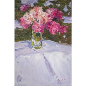 Peonies in a Glass Vase, Original Oil Painting, Pink Floral Still Life, Romantic Wall Art