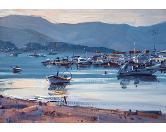 Dipinto a olio originale con paesaggio marino e barche costiere, arte murale nautica