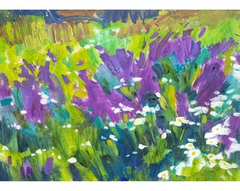 抽象的な野の花のオリジナル絵画、花畑のアート、屋外絵画、キャンバス