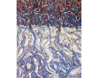 Winter Garden Oil Painting, Abstract Impressionist Landscape, Blue and White Wall Art