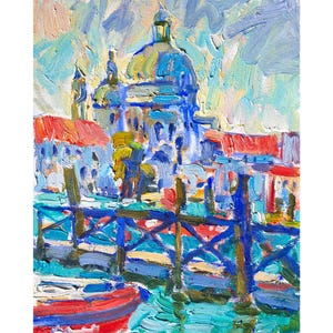 Venice Basilica, Original Oil Painting, Vibrant Impressionist Cityscape, Italian Architecture Art