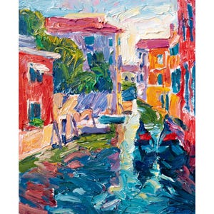 Venetiaans kanaal, kleurrijk gondelschilderij, origineel olieverfkunstwerk, Italië stadsgezicht muurkunst