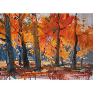 Golden Park, Autumn Trees Original Oil Painting, Fall Landscape Art, Colorful Forest Wall Decor, Impressionist Oil on Board