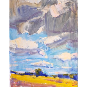 Meadow landscape, Cloudy sky original oil painting, Abstract Impressionism fine art