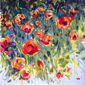 Poppy field painting, poppies original painting, flower wall art
