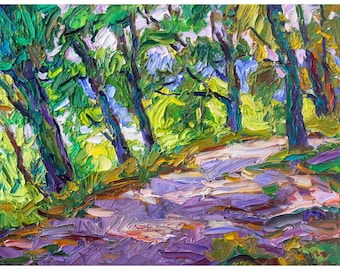 オリジナルの森の風景油絵 - 大胆な質感の小さな額入り印象派の木の