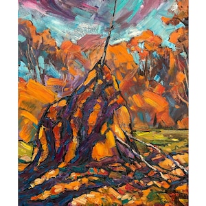 Autumn Landscape with Haystack, Original Oil Painting, Fall Artwork, Impressionist Art