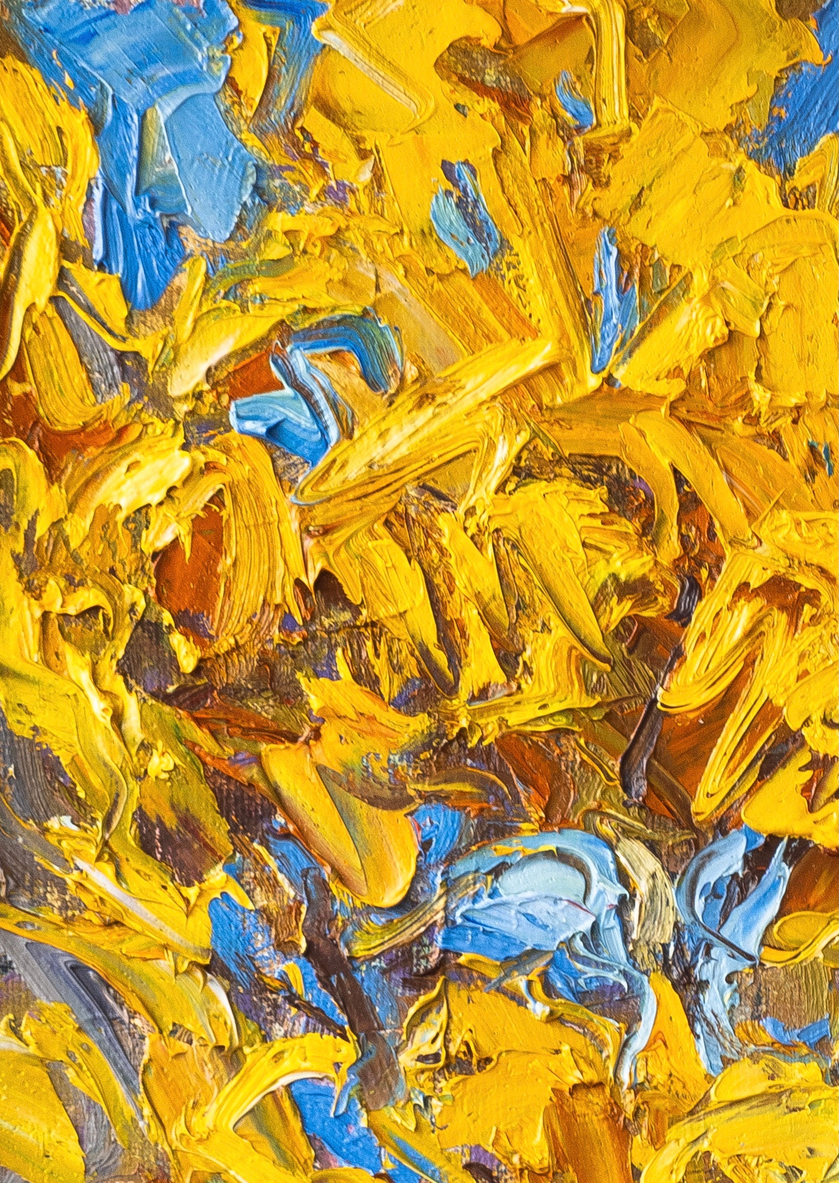 カラマツの木の絵画、秋の黄色の森の油絵、質感のある風景キャンバス