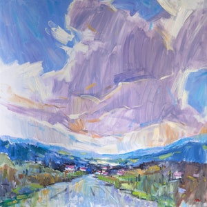 Cloudy sky, Mountain landscape, Large oil painting, Original artwork, Abstract impressionism fine art