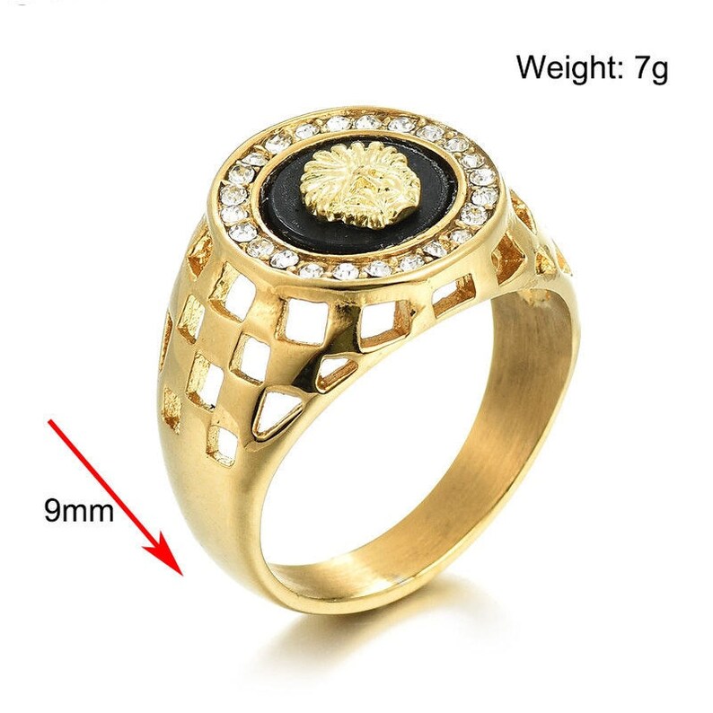 Crystal Enamel Lion Head Rings for Men Hip Hop Gold Alloy Hollow Wide Hollow Finger Ring