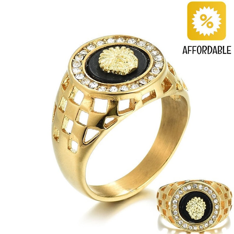 Crystal Enamel Lion Head Rings for Men Hip Hop Gold Alloy Hollow Wide Hollow Finger Ring