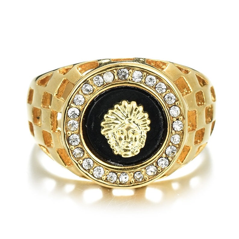 Crystal Enamel Lion Head Rings for Men Hip Hop Gold Alloy Hollow Wide Hollow Finger Ring
