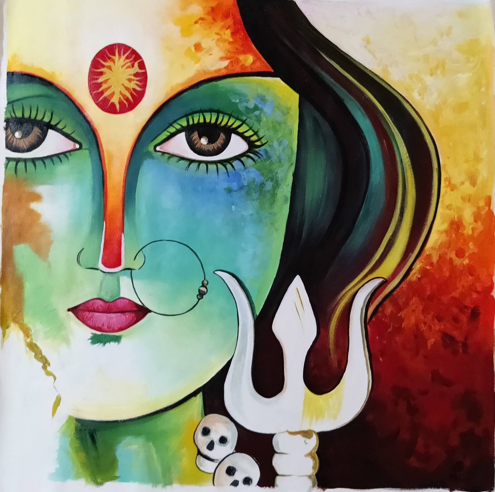 Large Handmade Original Oil Canvas Painting Maa Durga Maa Kali Durga
