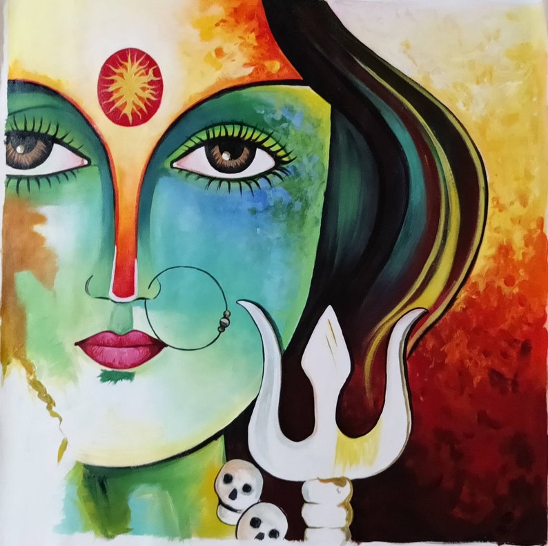 Large Handmade Original Oil Canvas Painting Maa Durga Maa Kali Durga