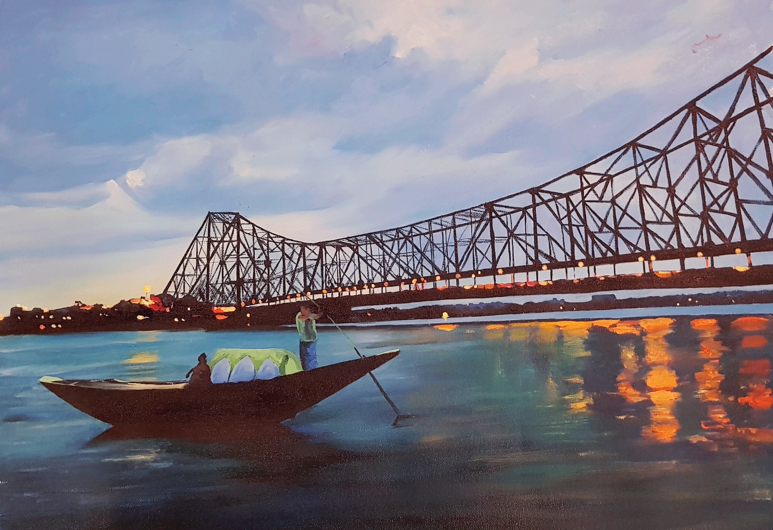 Original oil painting Kolkata cityscape Sunset in river Etsy