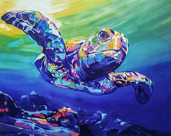 Groot handgemaakt acrylcanvas onderwaterschilderij: de enorme schildpad, onderwaterleven - Inwijdingsfeest zeegezicht - Veelkleurig handgemaakt cadeau