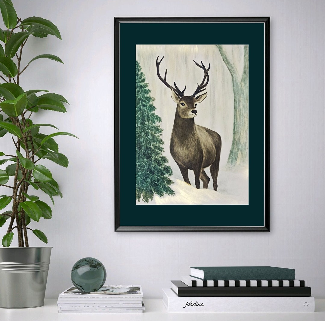Original Deer Art Deer in Winter Forest Animal Portrait Hand Etsy