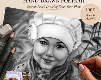 May include: A black and white pencil portrait of a child wearing a hat, featuring the text YOUR CHILD HAND-DRAWN PORTRAIT Custom Pencil Drawing From Your Photo and 100% HAND DRAWN. The drawing is shown alongside two pencils and an eraser.