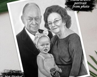 May include: A hand-drawn pencil portrait of three people: an older man in a suit, an older woman in a dress, and a young child in a dress. The portrait is in black and white and includes the text "Hand drawn portrait from photo" and "Not Digital Print."
