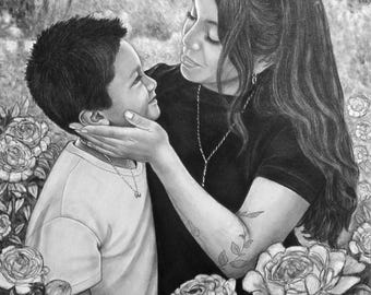 May include: A black and white graphite drawing of a person with long hair and sunglasses on their head holding the face of a young child. Both wear necklaces. They are surrounded by roses. The text My First, My Heart is at the bottom.
