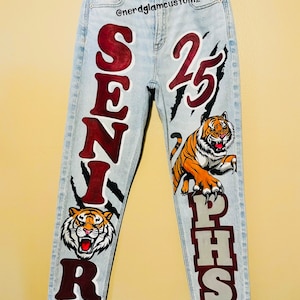 Customizable High School Senior  Graduation Class of 2025 Jeans, Unique Personalize Grad Denim with Custom Hand Painted Artwork Design