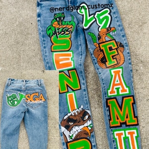 Customized High School Senior College Decision Day Class of 2025 Jeans, Unique Personalize Grad Denim  Custom Hand Painted Artwork Design