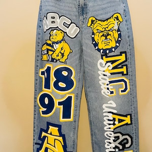 Custom Painted HBCU College Grad Denim Jeans, College Graduation Photoshoot Jeans, College Spirit Wear Unique Designs Student and Alumni