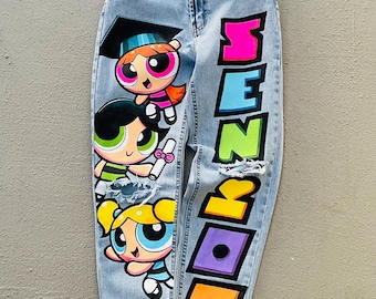Custom Senior Jeans Class of 2025 Painted Denim - Graduation Outfit - Hand-Painted Senior Drip Pants - Personalized High School Senior Jeans