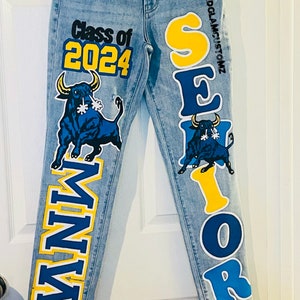 Customizable High School Senior  Graduation Class of 2025 Jeans, Unique Personalize Grad Denim with Custom Hand Painted Artwork Design