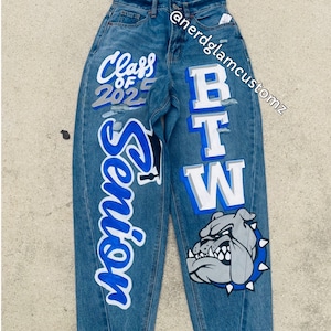 Customizable High School Senior  Graduation Class of 2025 Jeans, Unique Personalize Grad Denim with Custom Hand Painted Artwork Design