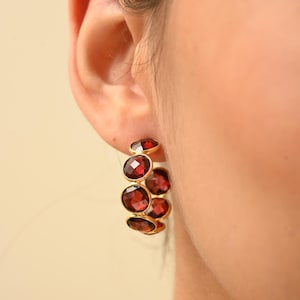 Solid 18K Yellow Gold Garnet Hoops, Natural Handmade Earrings, January Birthstone Jewelry, Garnet Huggie, Dainty Earrings, Rose Cut Earring